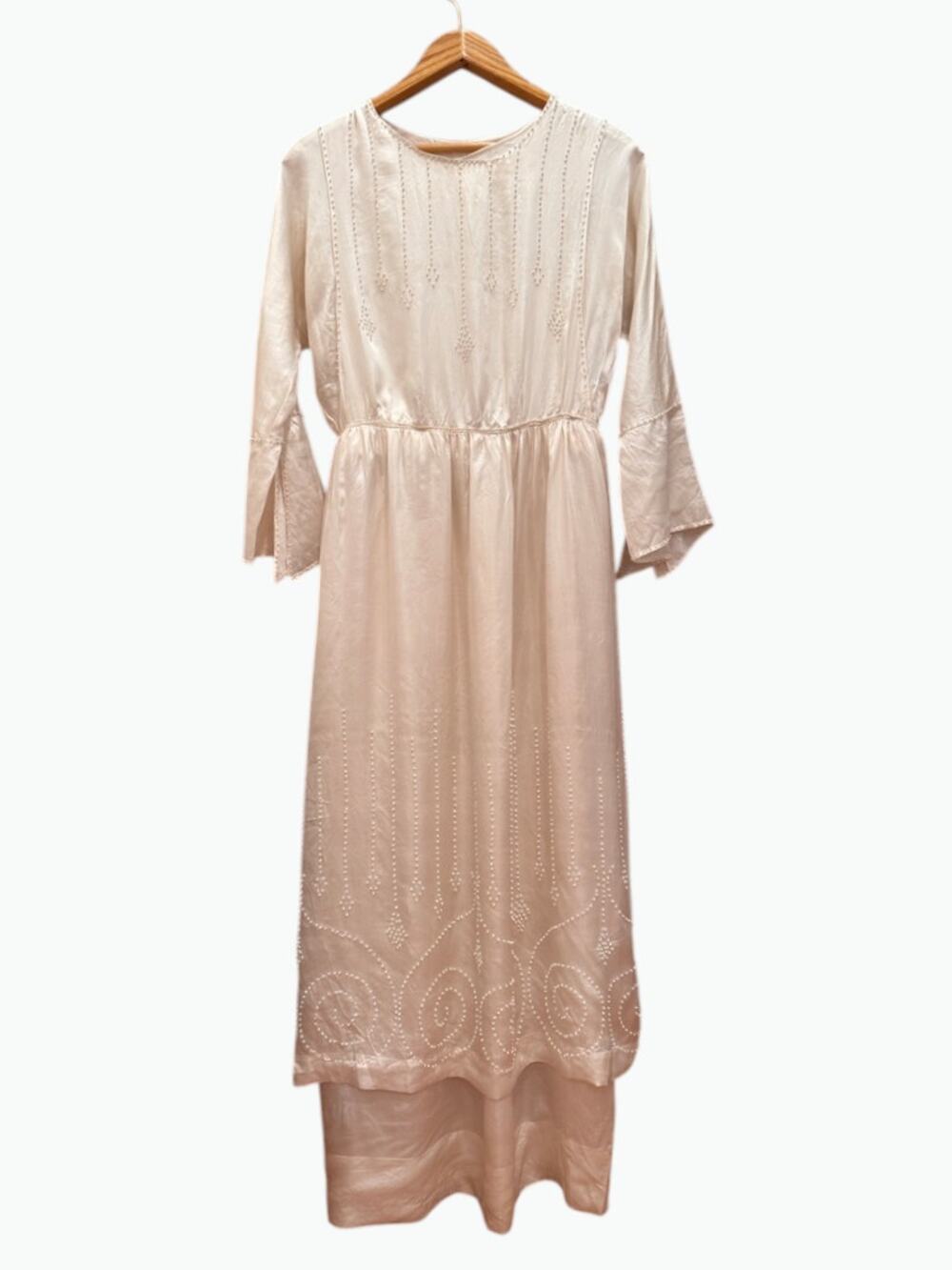 Vintage 1910s Wedding Dress Silk White Beaded Tiered Women's Medium